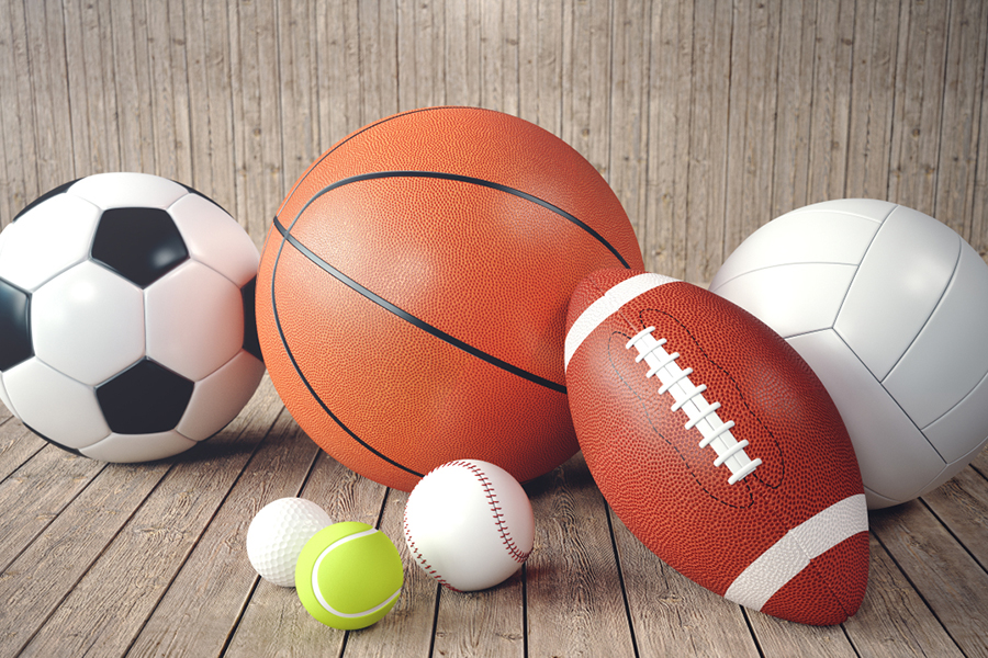 3d rendering sport balls on wooden backgorund. Set of sport balls. Sport equipment such us football, basketball, baseball, tennis, golf ball for team and individual playing for recreation and improve health