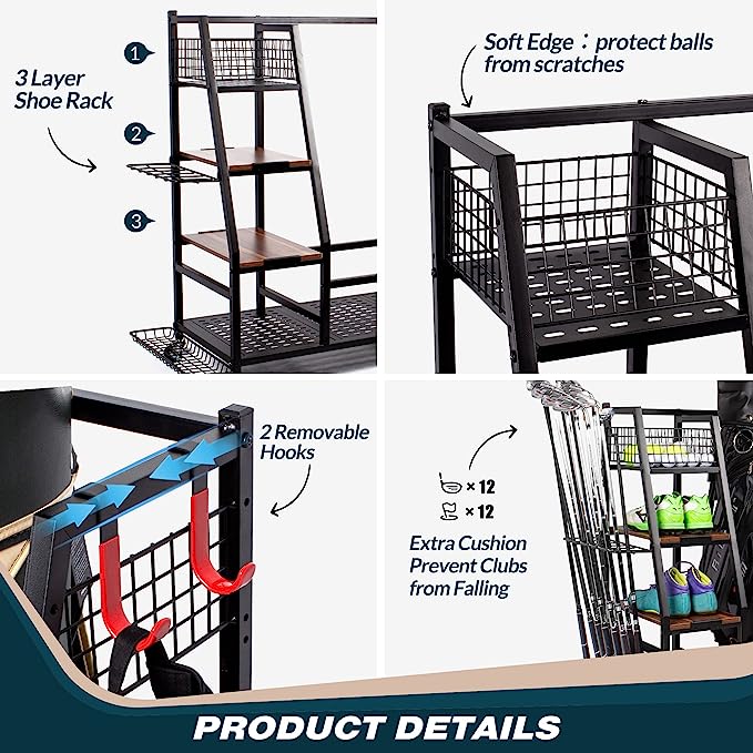 Golf Bag Storage Organizer,Golf Bag Rack Fits 2/3 Golf Bags and Golf Equipment Accessories