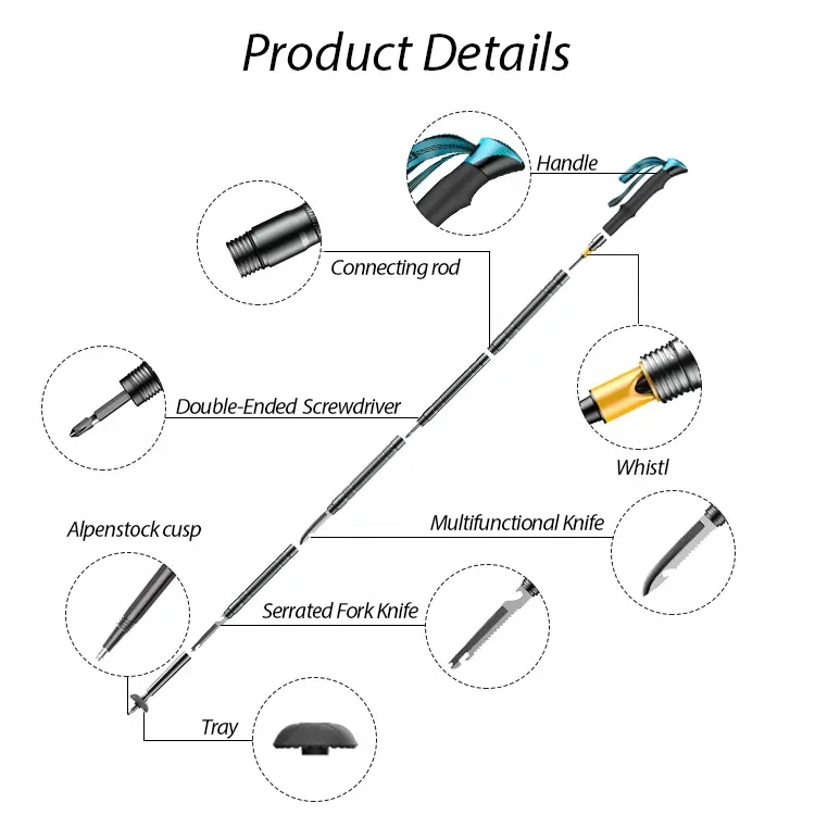  Collapsible Aluminium Multifunctional Tactical Trekking Survival Pole Tactical Walking Stick
