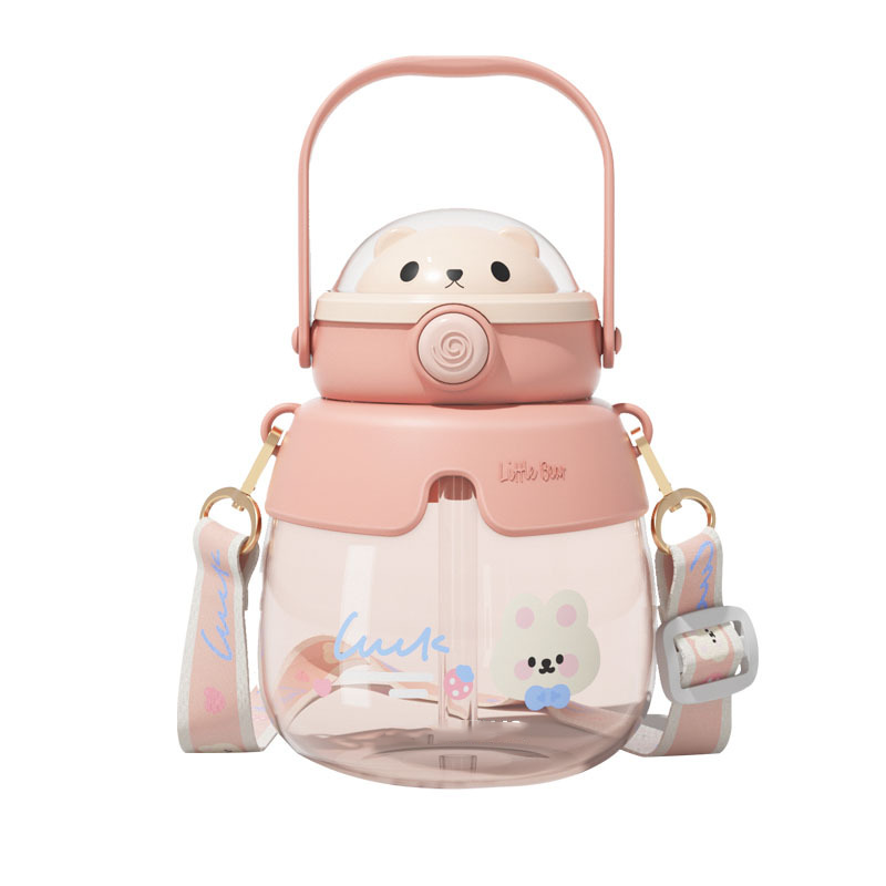 New potbelly cup for male and female students high-value cartoon hugging bear water cup children’s portable straw Plastic cups Featured Image